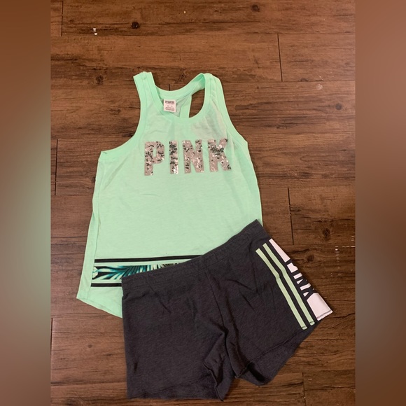 PINK VS TROPICAL BLING TANK / SHORTS OUTFIT SET XS/M - Picture 2 of 6